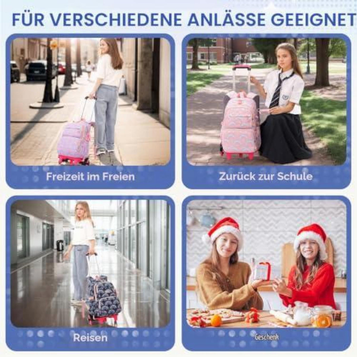 Kinder Rucksack mit Rollen – Dunkelblau, 16 Zoll Schulrucksack