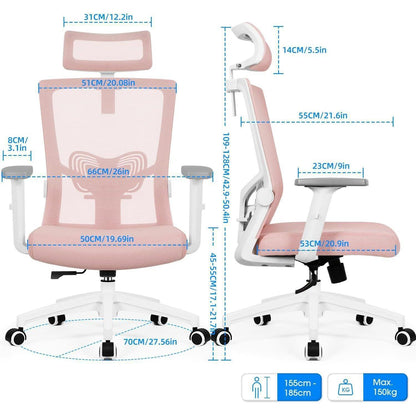 Ergonomischer Bürostuhl mit Kopfstütze und Lendenwirbelstütze Rosa