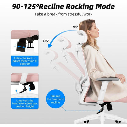 Ergonomischer Bürostuhl mit Kopfstütze und Lendenwirbelstütze Rosa