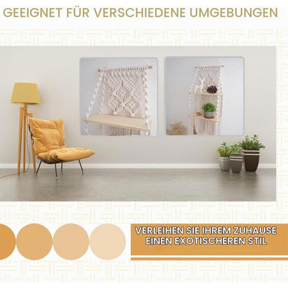Makramee Wandregal Boho Doppelschicht 30x75cm Naturholz Baumwolle