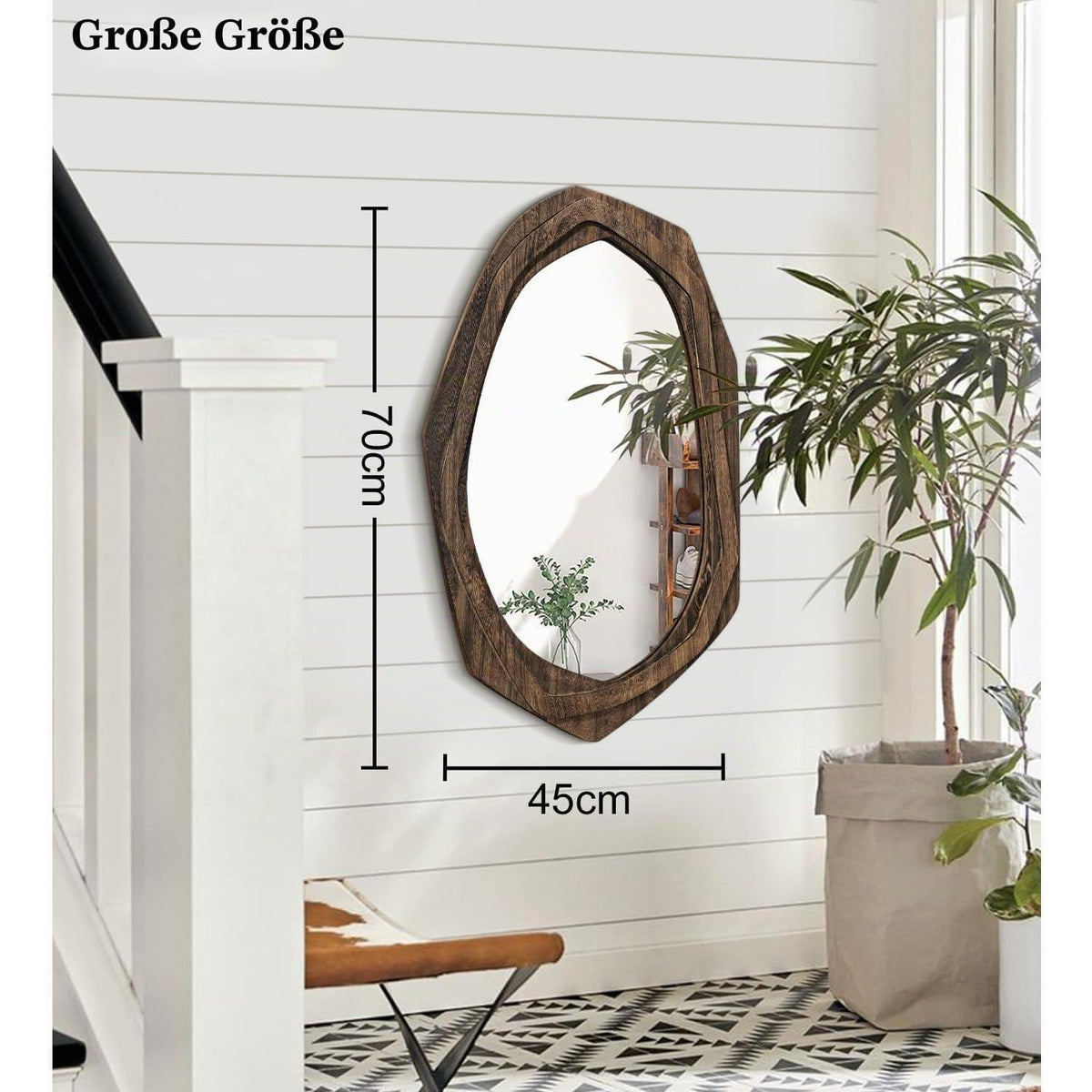 Asymmetrischer Wandspiegel mit Holzrahmen – 70x45 cm Retro Braun