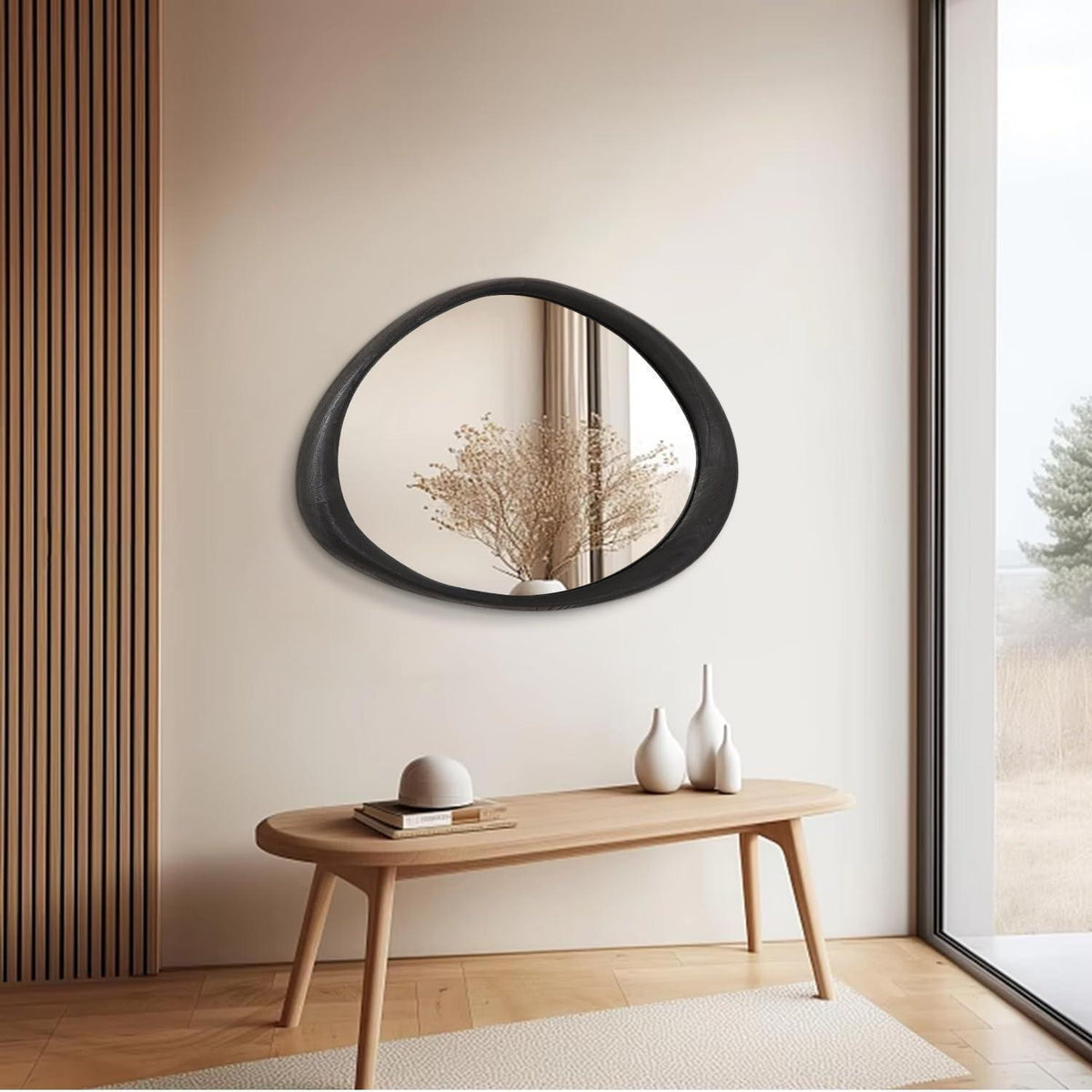 Unregelmäßiger Wandspiegel mit Holzrahmen Schwarz 70x50 cm