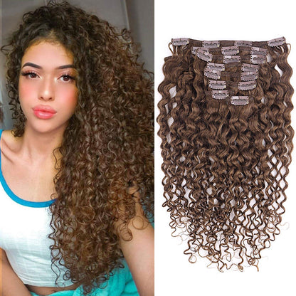 Kinky Curly Clip-in Haarverlängerung Echthaar Dunkelbraun 45cm