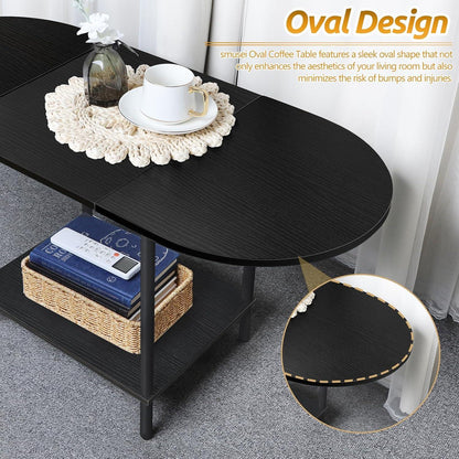 Schwarzer Ovaler Couchtisch Holz Metallrahmen 2-stufig Ablagefach