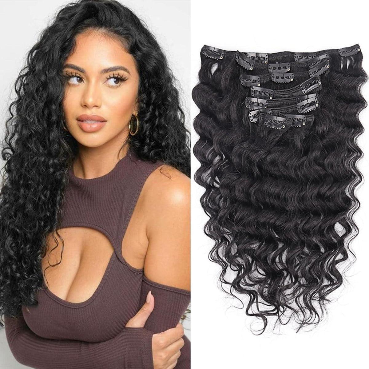 Deep Curly Echthaar Clip-Ins 45cm – Natürliches Schwarz