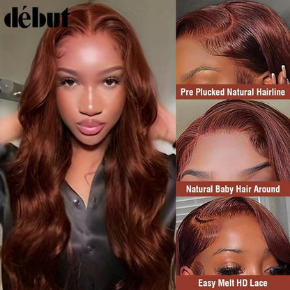 Rötlichbraune Body Wave Lace Front Perücke Echthaar mit Babyhaar 65cm