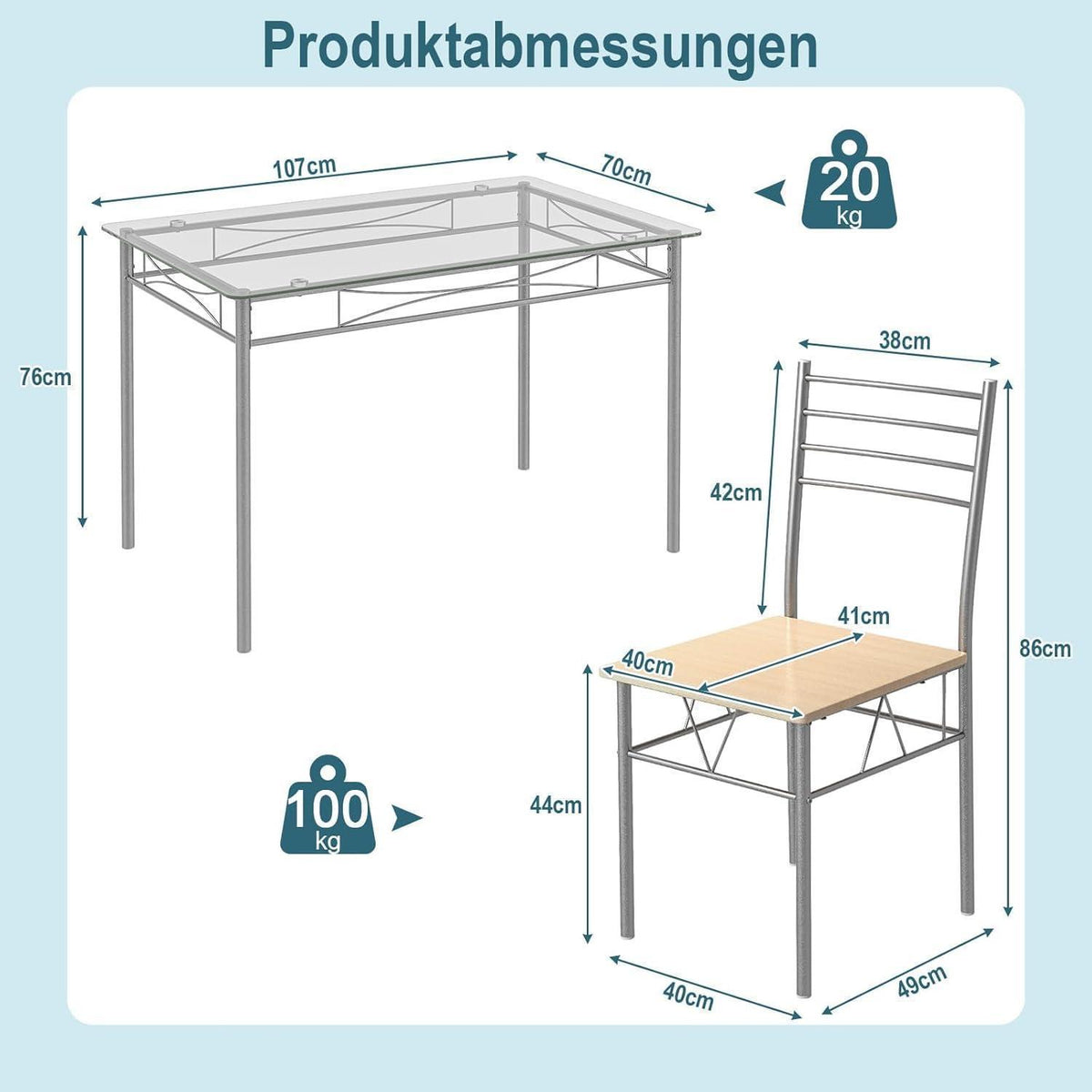 5-teiliges Esszimmer Set mit Glastisch & Stühlen