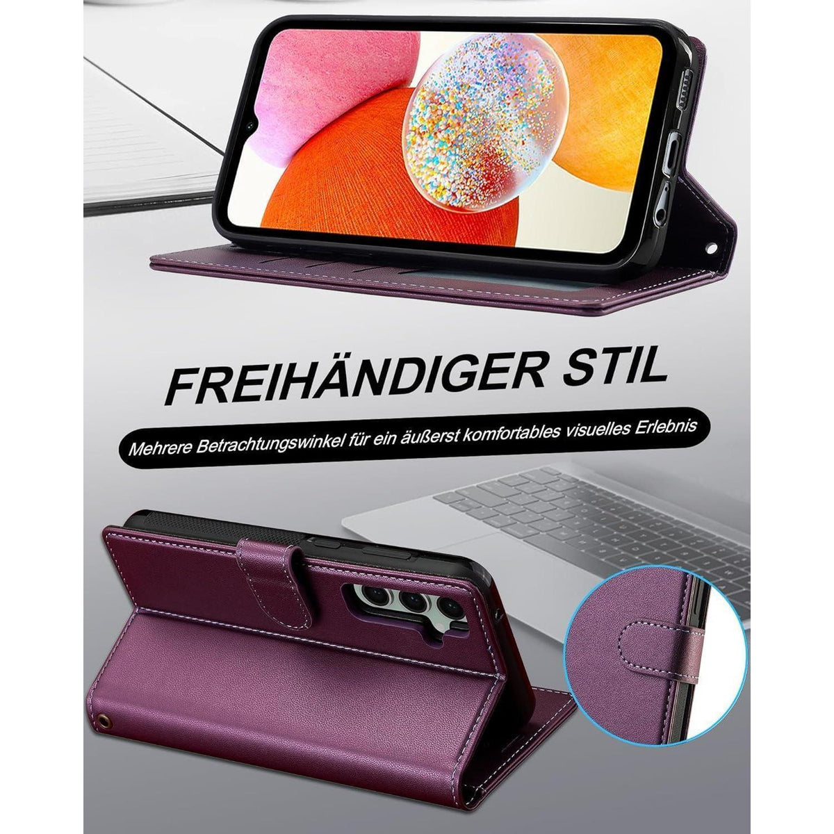 Samsung Galaxy A14 5G/4G Hülle mit Kartenfach & RFID-Schutz, abnehmbar, lila in Lederoptik