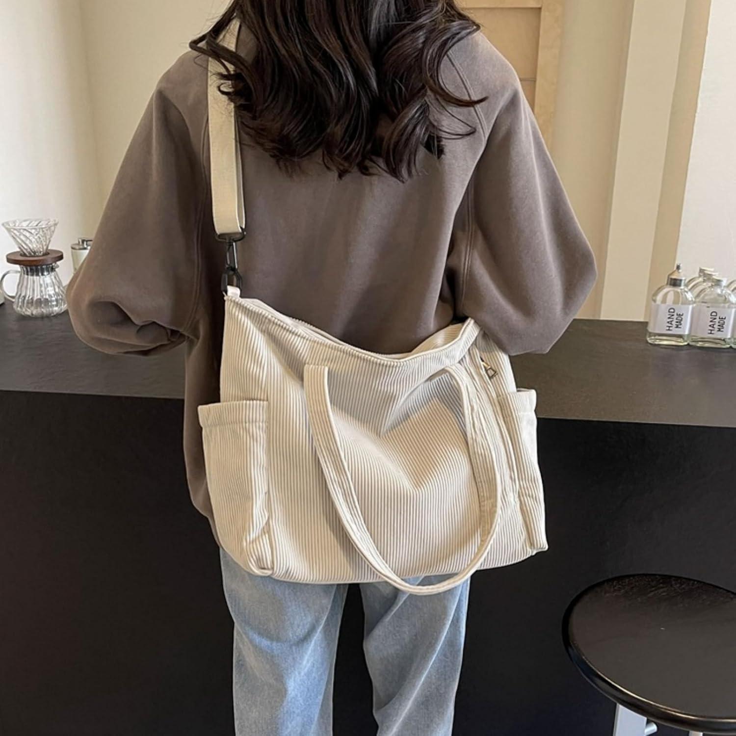 Damen Kord Handtasche Groß Cord Umhängetasche Reißverschluss Shopper