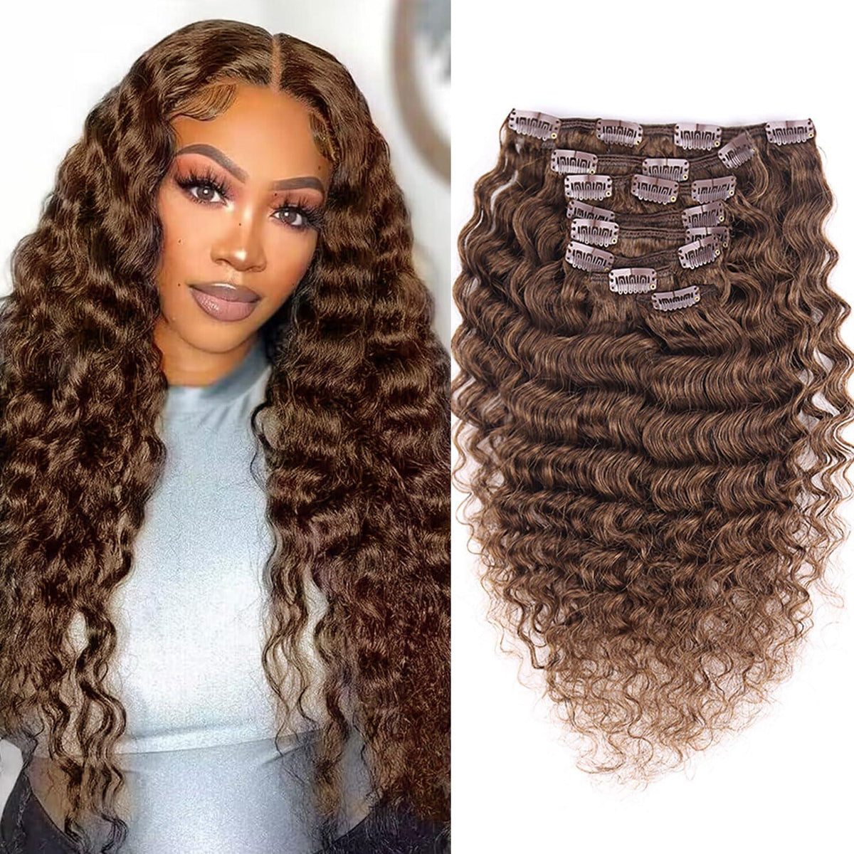Deep Curly Echthaar Clip-Ins Dunkelbraun 55cm