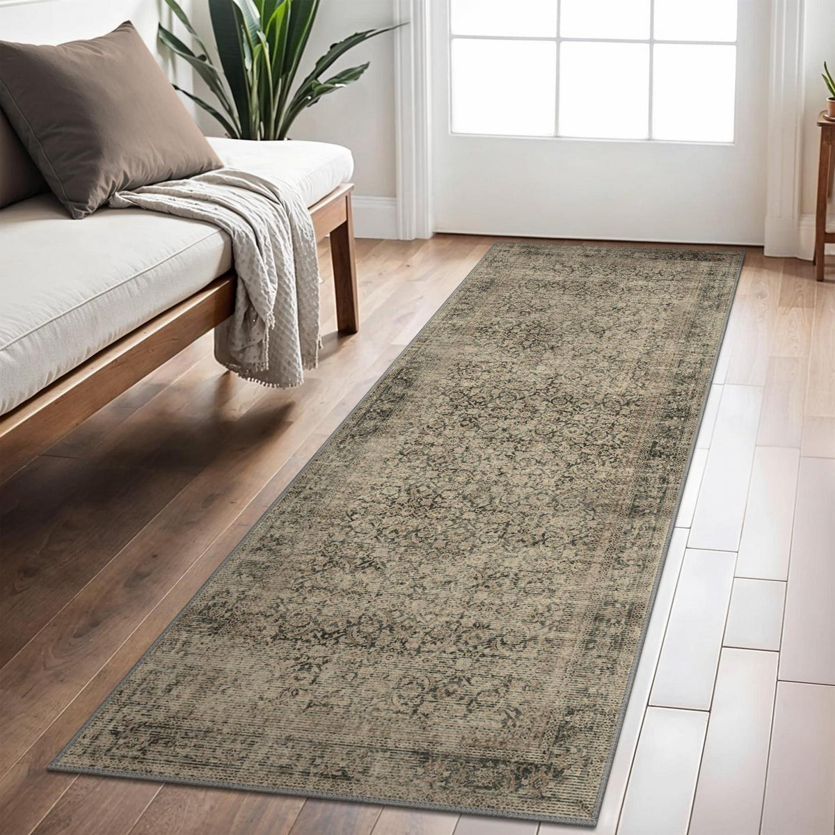 Läufer Flur Vintage 80x300cm – Waschbarer Teppich Hellbraun