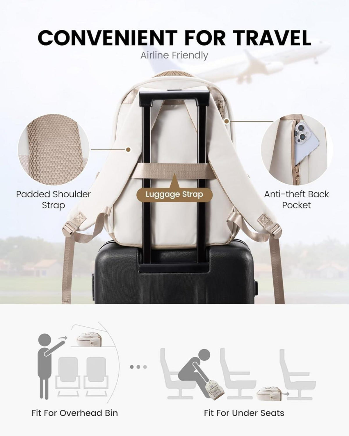Rucksack Damen Herren 15,6 Zoll Schulrucksack wasserdicht Beige