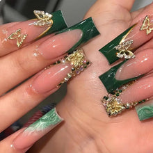 24er Set Grüne Falsche Nägel mit Rhinestones und 3D Schmetterlingen