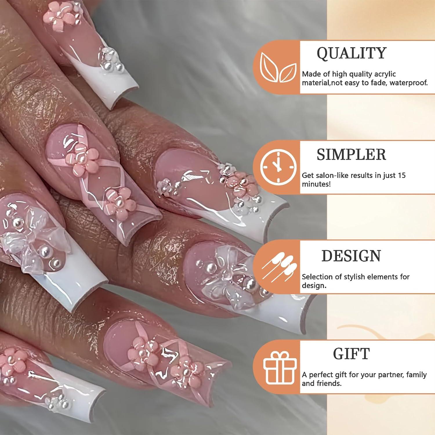 24 Stück Lange Square Press on Nägel Weiße Französische Falsche Nägel floral Nude Pink Kleber Stil 8