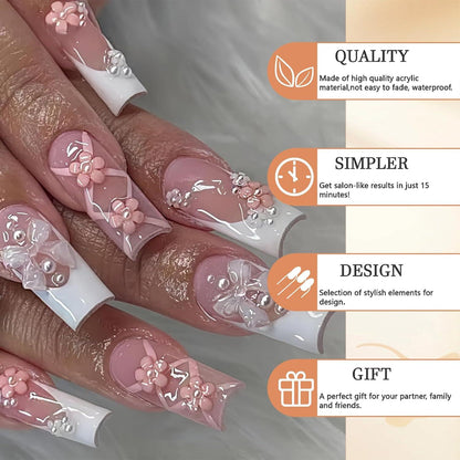 24 Stück Lange Square Press on Nägel Weiße Französische Falsche Nägel floral Nude Pink Kleber Stil 8