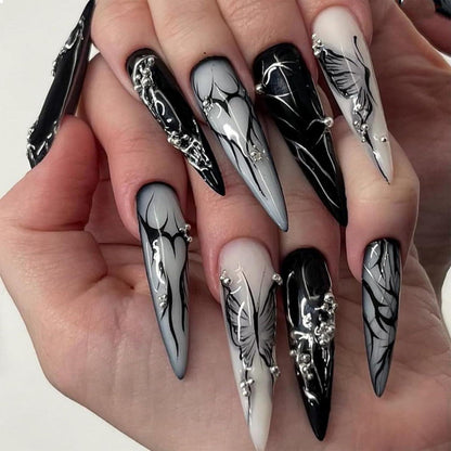 24er Set lange Stiletto Falsche Nägel Schwarz Gothic mit Schmetterling