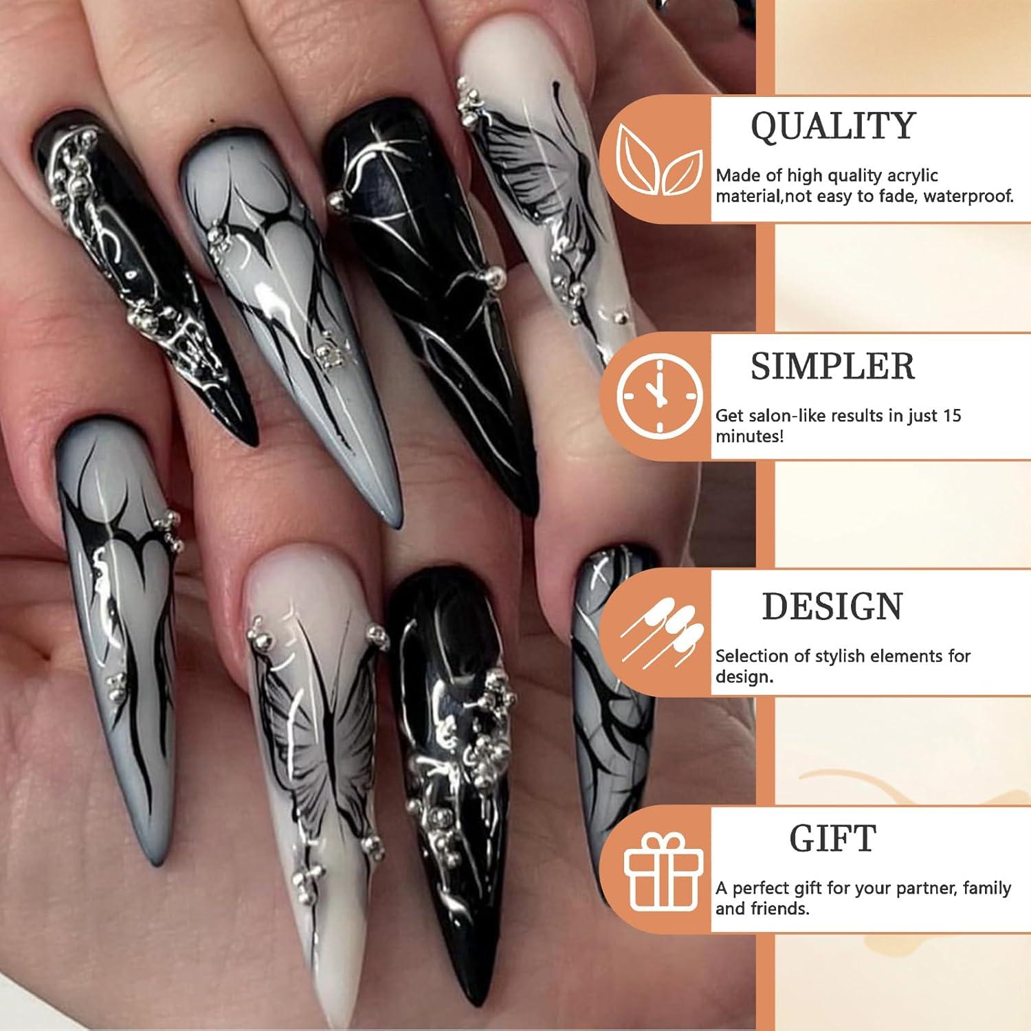 24 Stück Lange Stiletto Goth Schwarz Schmetterling Falsche Nägel