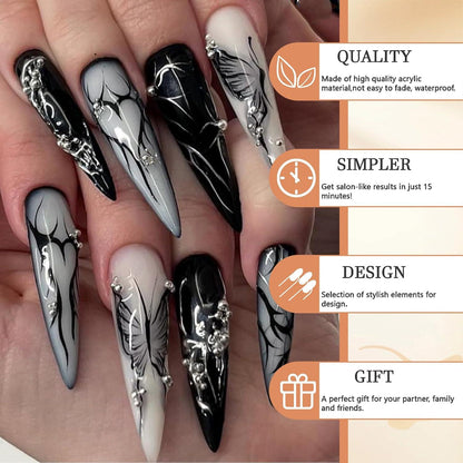24 Stück Lange Stiletto Goth Schwarz Schmetterling Falsche Nägel