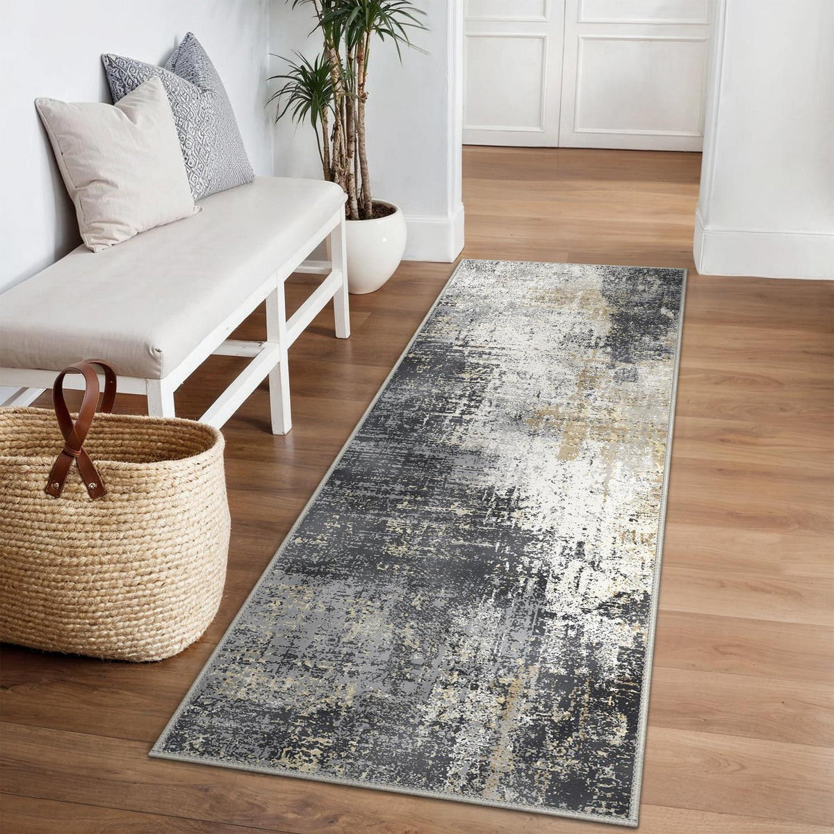 Moderner Läufer Teppich 80x200 cm, Schwarz-Grau, Waschbar & Rutschfest
