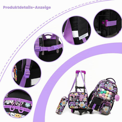 Kinder Trolley Rucksack Set mit Lunchtasche & Federmäppchen Schwarz Blumen