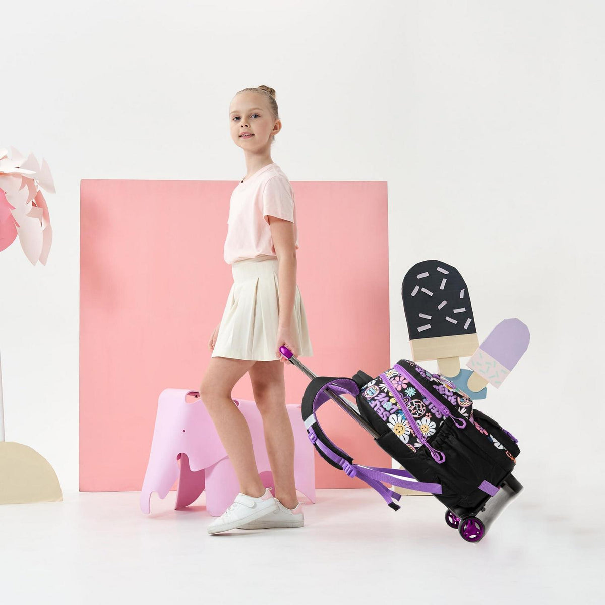 Kinder Trolley Rucksack Set mit Lunchtasche & Federmäppchen Schwarz Blumen