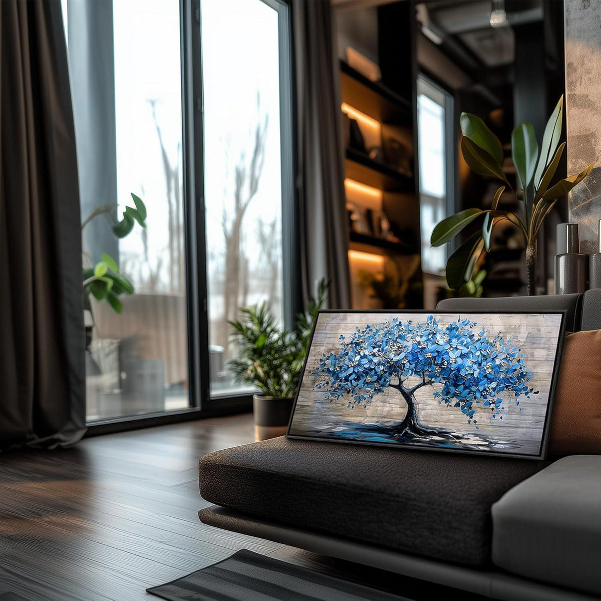 Blühender Baum Leinwandbild mit Rahmen Schwarz 50x100 cm