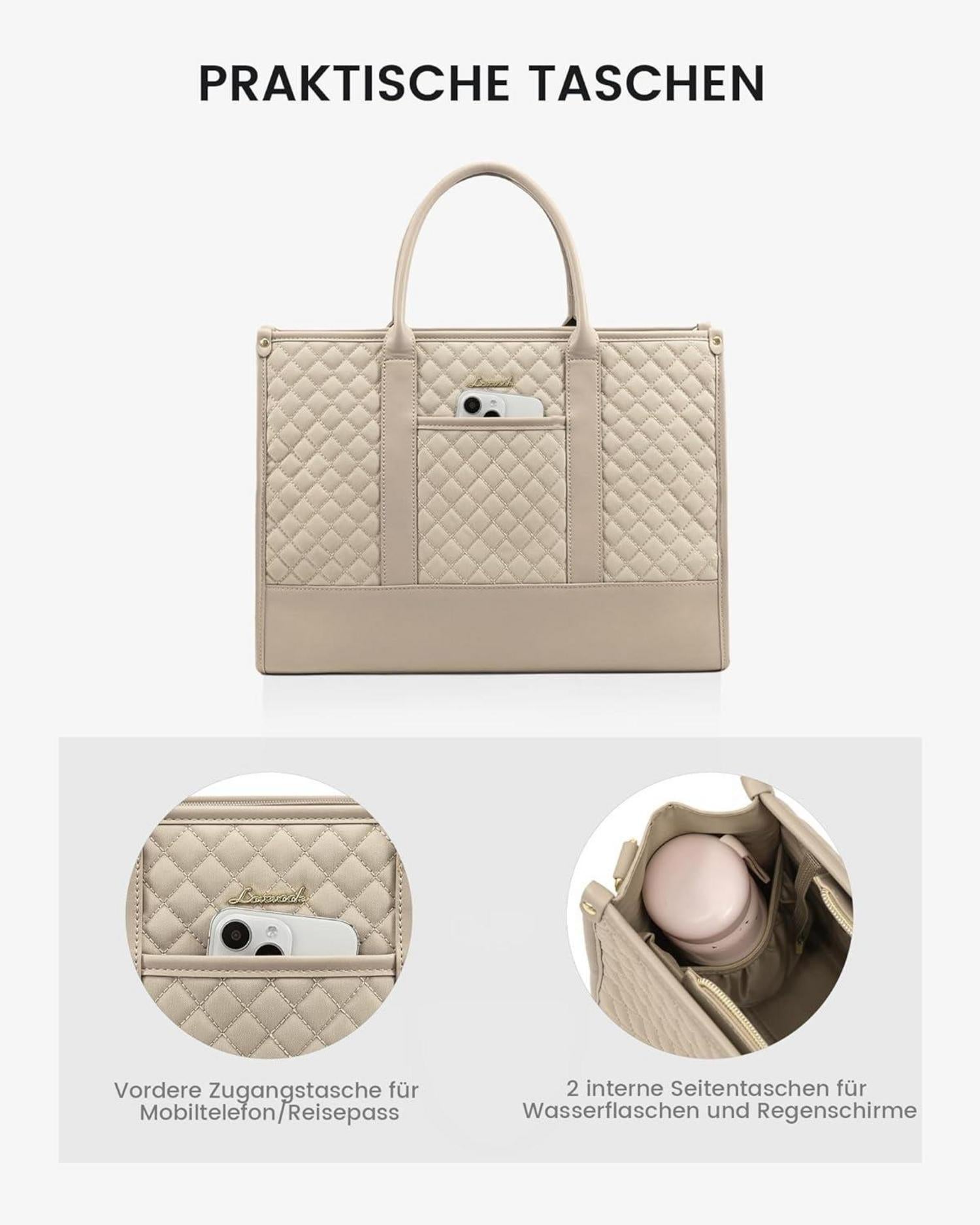 Laptoptasche Damen 15,6 Zoll Wasserdicht Arbeitstasche Groß Organizer beige