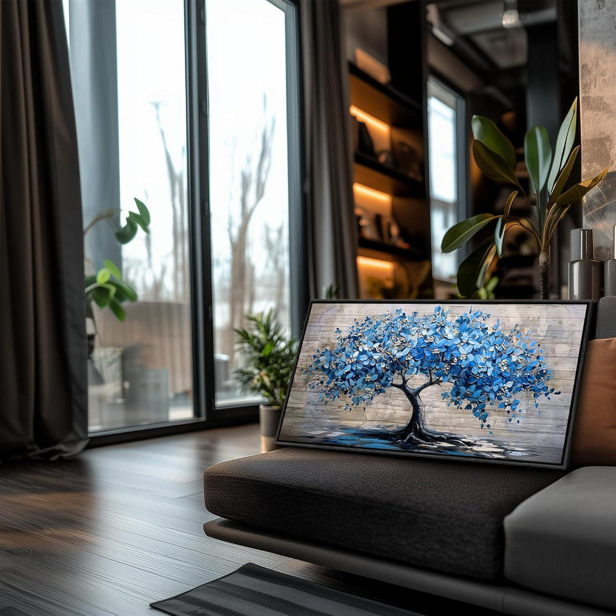 Blühender Baum Leinwandbild mit Rahmen Schwarz 60x120 cm