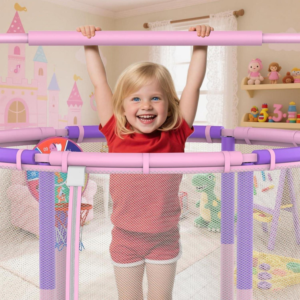 Kindertrampolin mit Basketball & Zubehör – Rosa-Violett