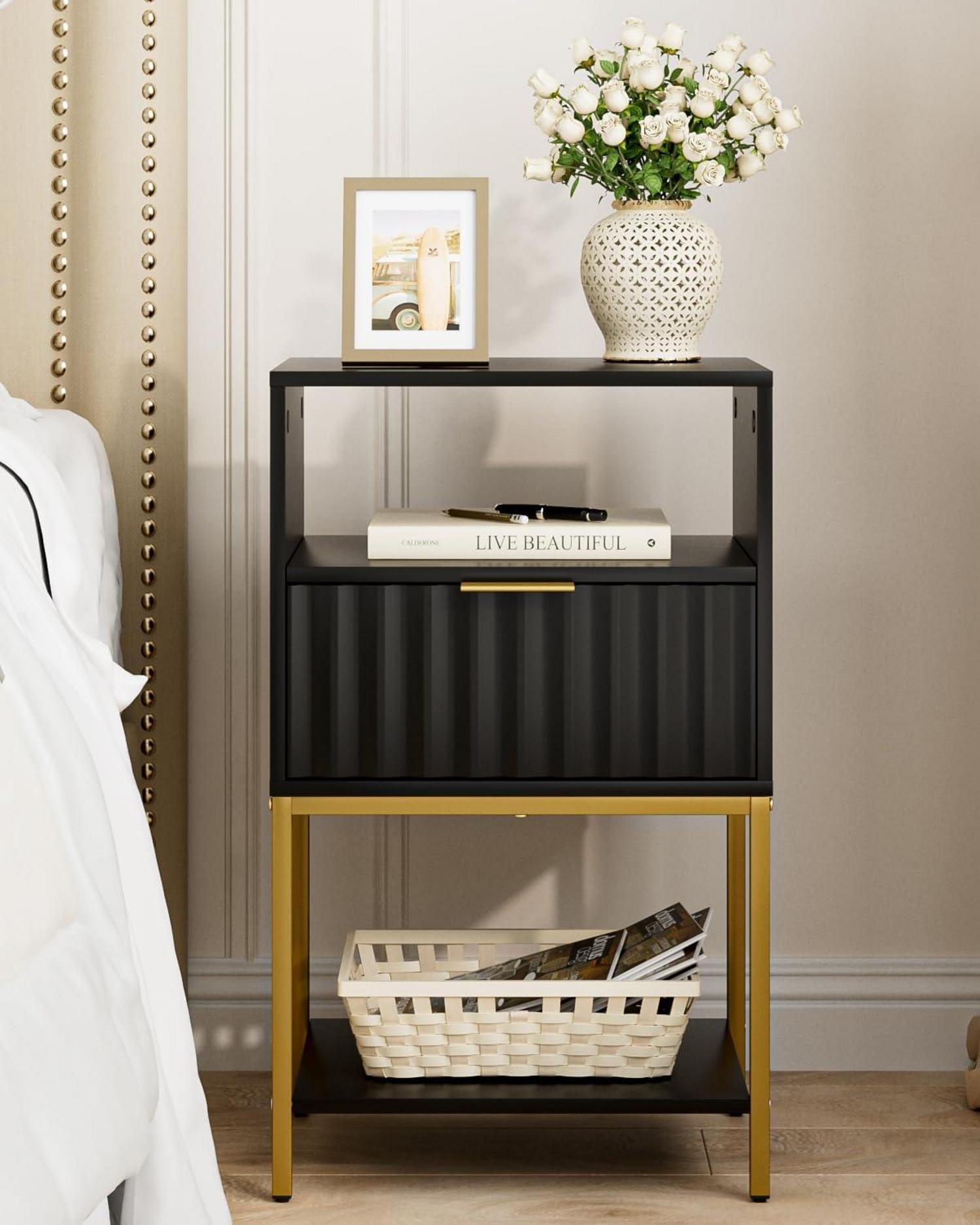 Nachttisch mit Goldrahmen, 3-Tier Lagerung, Schwarz