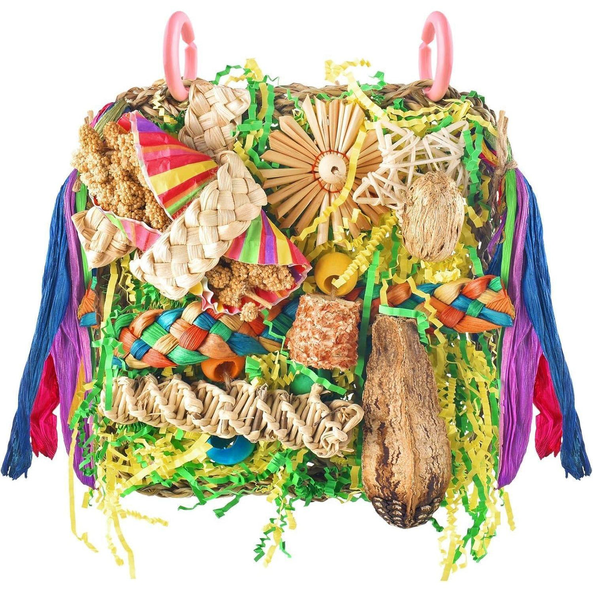 Vogelspielzeug aus Naturholz mit Seegras, gelb-grün