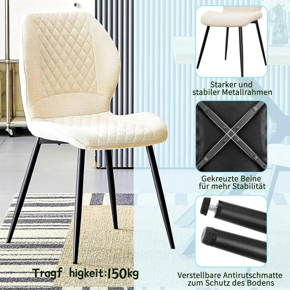 Gepolsterte Esszimmerstühle 2er Set – Beige Leinen & Metall