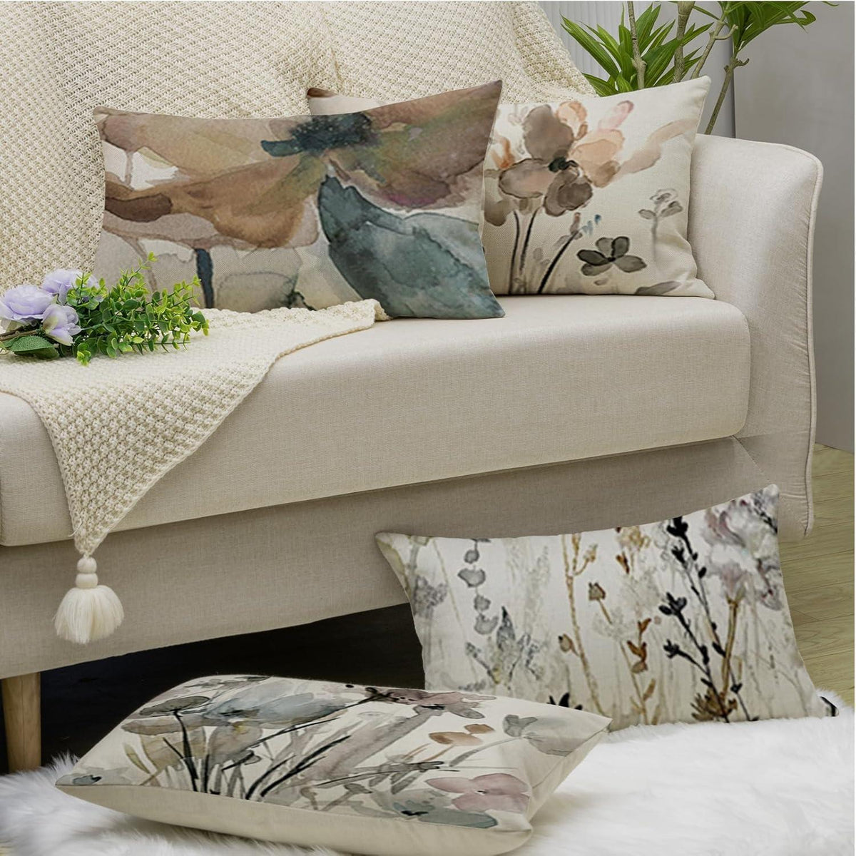 Blumen Kissenbezug 40x60 - 4er Set Leinen, Modern & Dekorativ