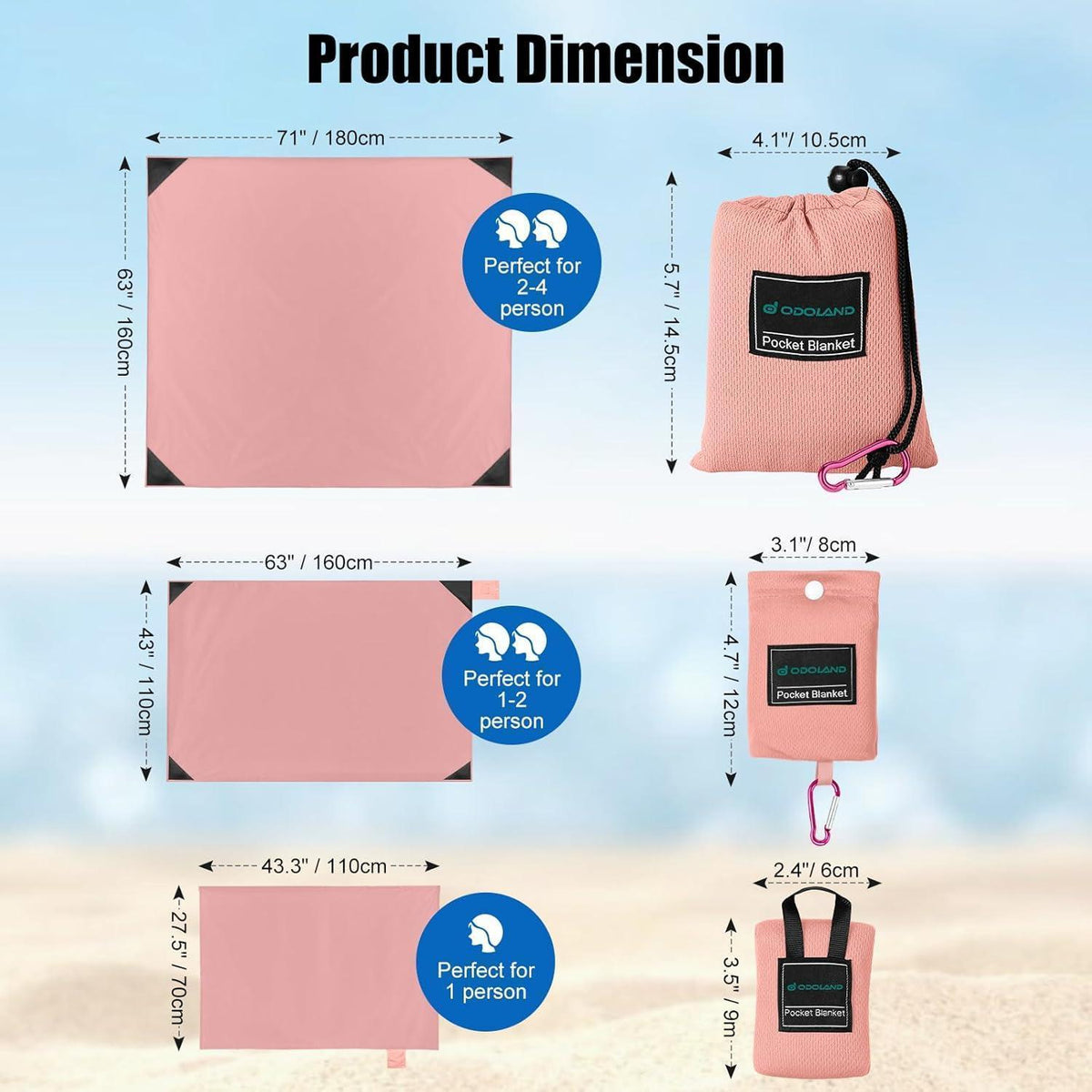 Ultraleichte Picknickdecke 180x160 cm, sandabweisend, wasserdicht, Rosa