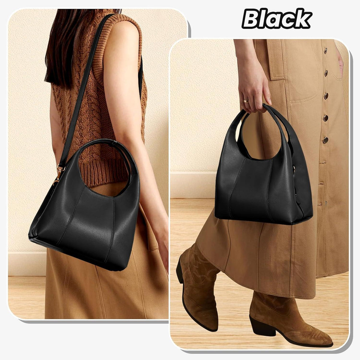 Kleine Ledertasche Damen Henkeltasche Vintage Schwarz