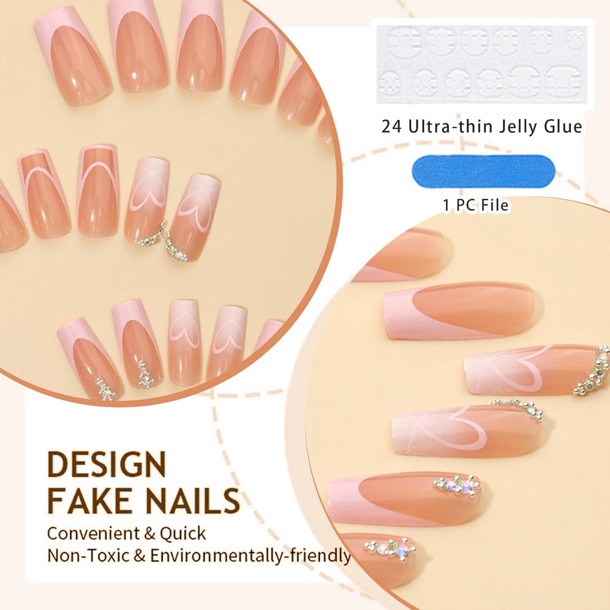 French Tip Press on Nails Set Lang Farbverlauf Coffin Form 24 Stk