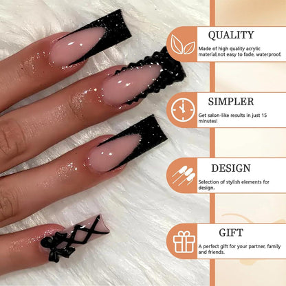 24 Quadratisch Geformte Press On Nägel Schwarz French Tips & Schleifen-Design