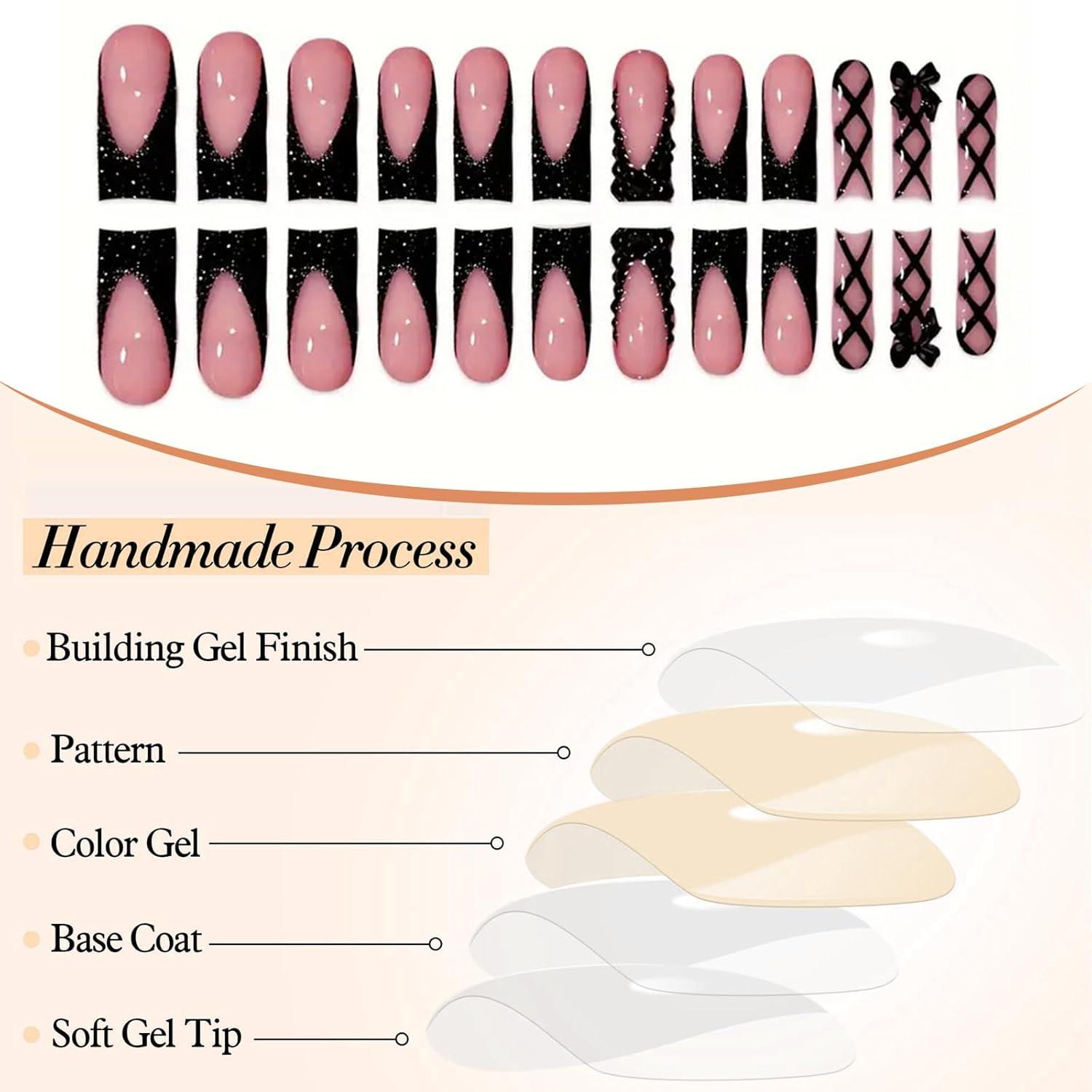 24 Stück Schwarze French Tips Press On Nails mit Rhinestones und