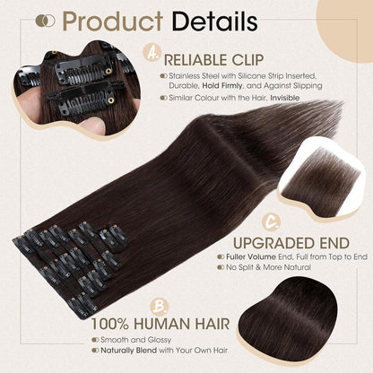 Echthaar Clip-Ins dunkelbraun 40cm - 8-teiliges Set