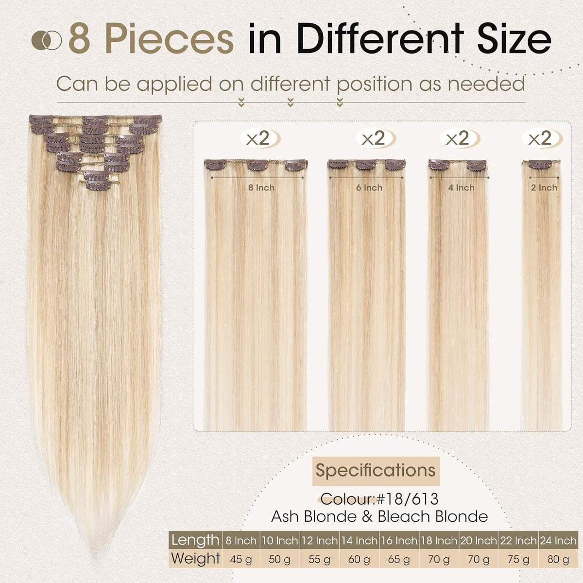 Echthaar Clip-in Extensions – Aschblond & Gebleichtes Blond 50cm