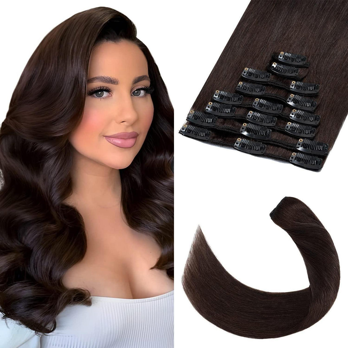 Echthaar Clip-Ins Dunkelbraun (8-teilig) - 20cm