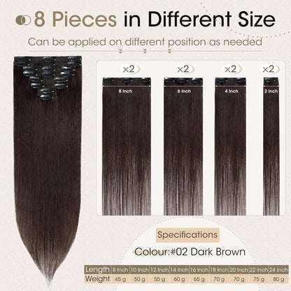 Echthaar Clip-Ins Dunkelbraun (8-teilig) - 20cm