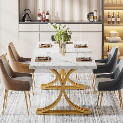 Moderner Esstisch 160x80 cm – Weiß & Gold, Kunstmarmorplatte