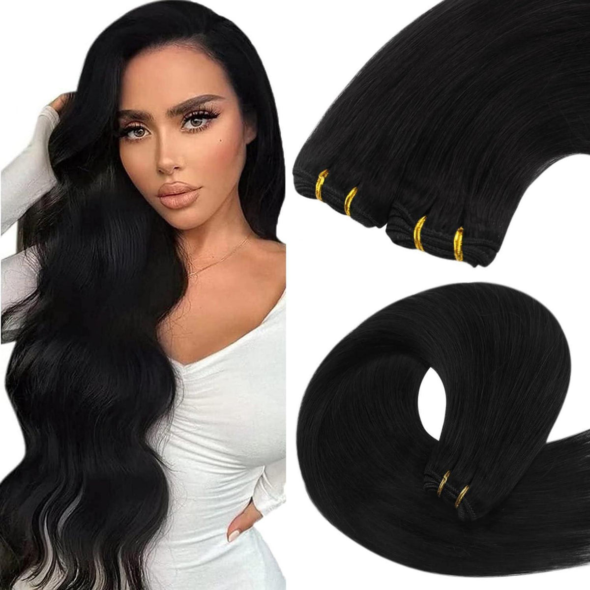 Echthaar Tressen Schwarz 60cm - Remy Weft Extensions für Volumen & Länge
