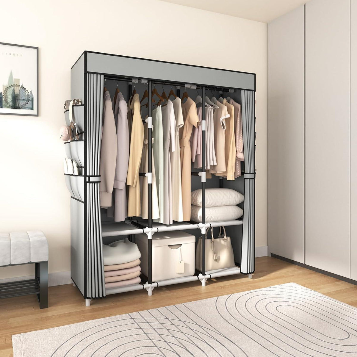 Faltbarer Kleiderschrank mit 3 Kleiderstangen & Abdeckung