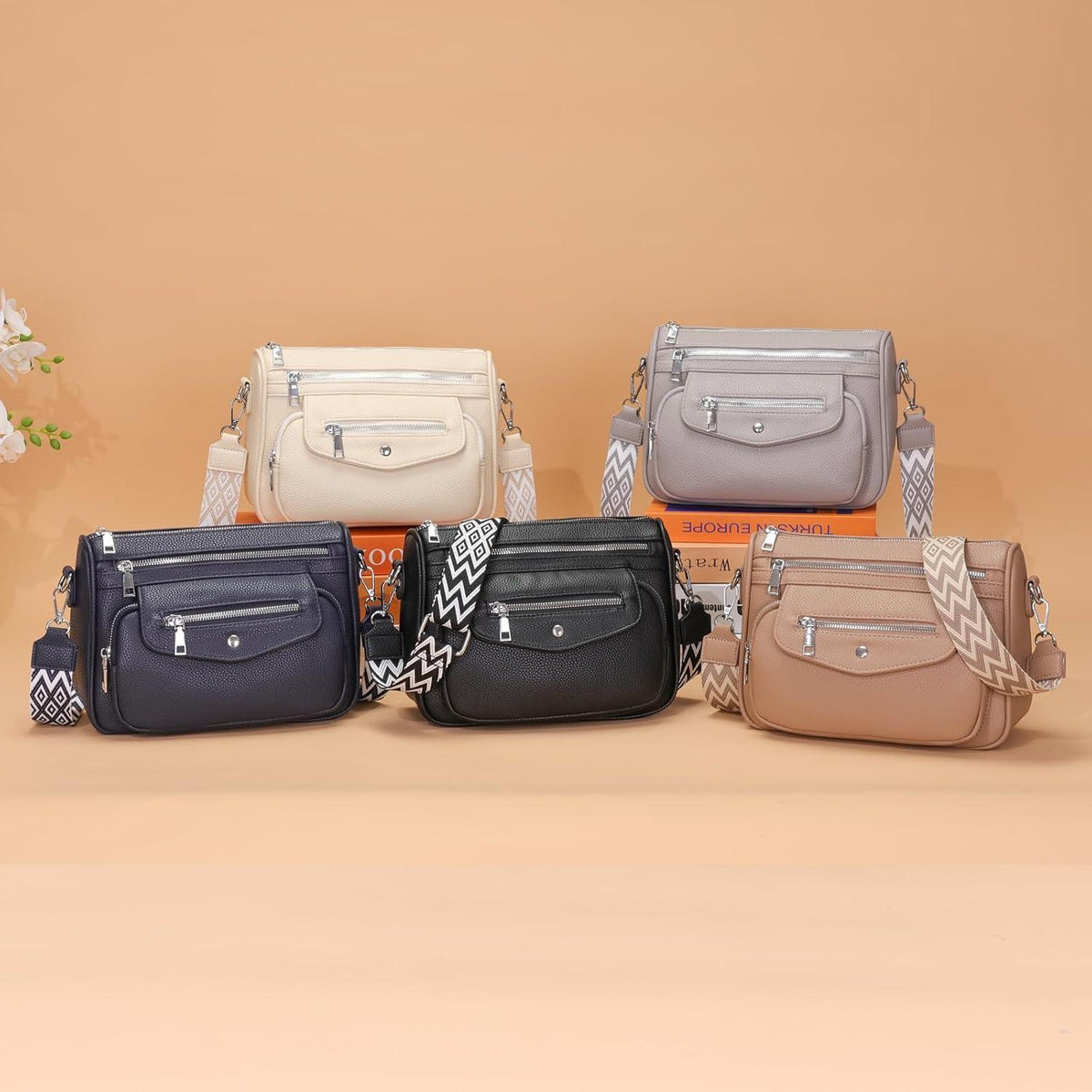 Damen Umhängetasche Crossbody Bag 5 Taschen 7 Fächer Blau