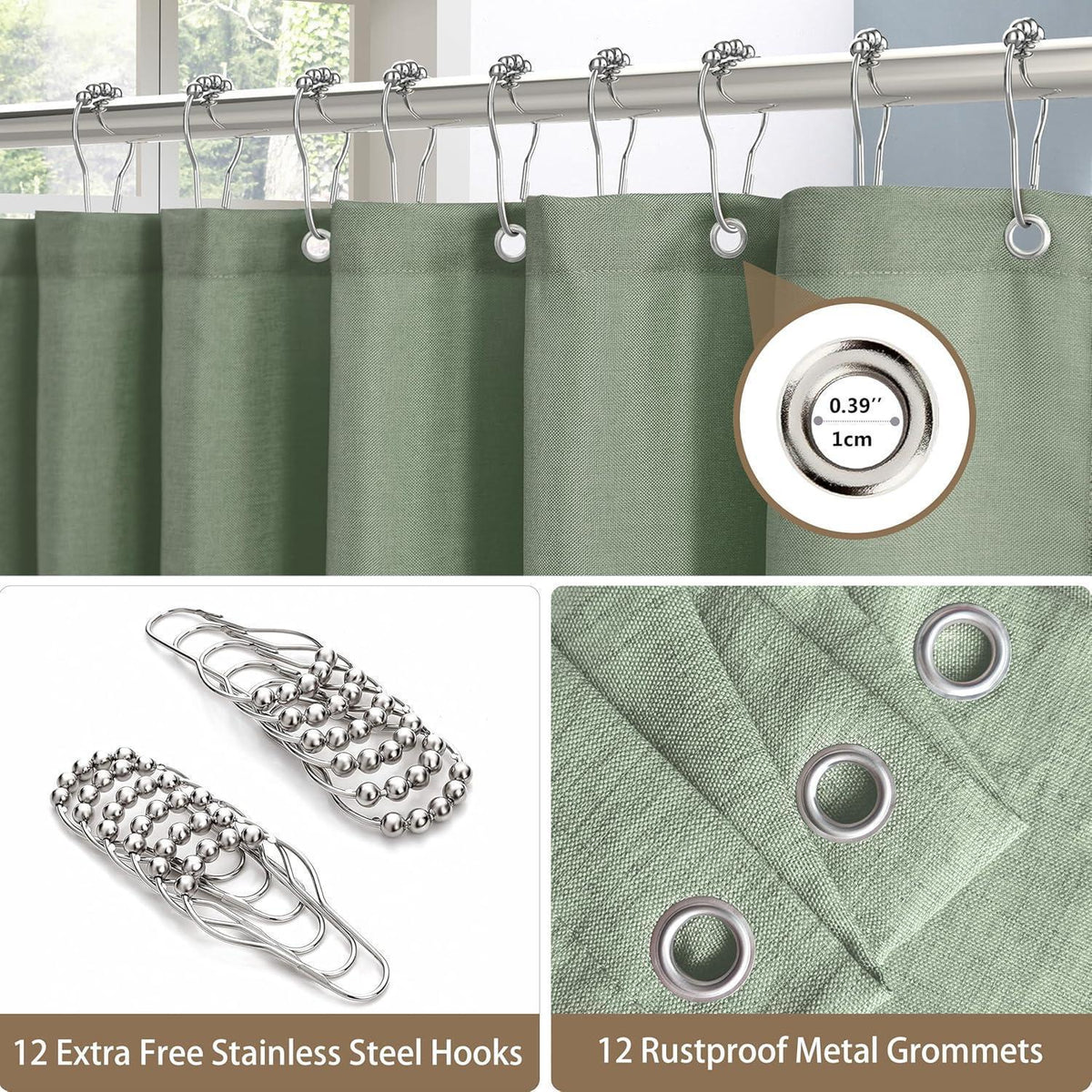 Leinen Duschvorhang Grün 182x214cm | Wasserdicht & Schwerer Badewannenvorhang