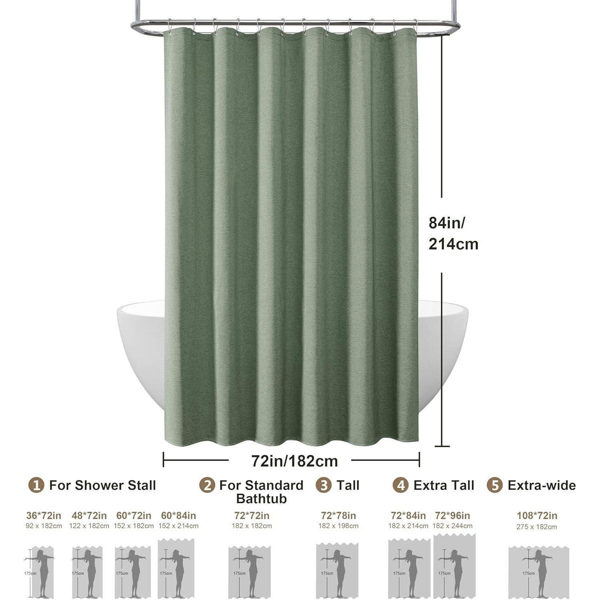 Leinen Duschvorhang Grün 182x214cm | Wasserdicht & Schwerer Badewannenvorhang