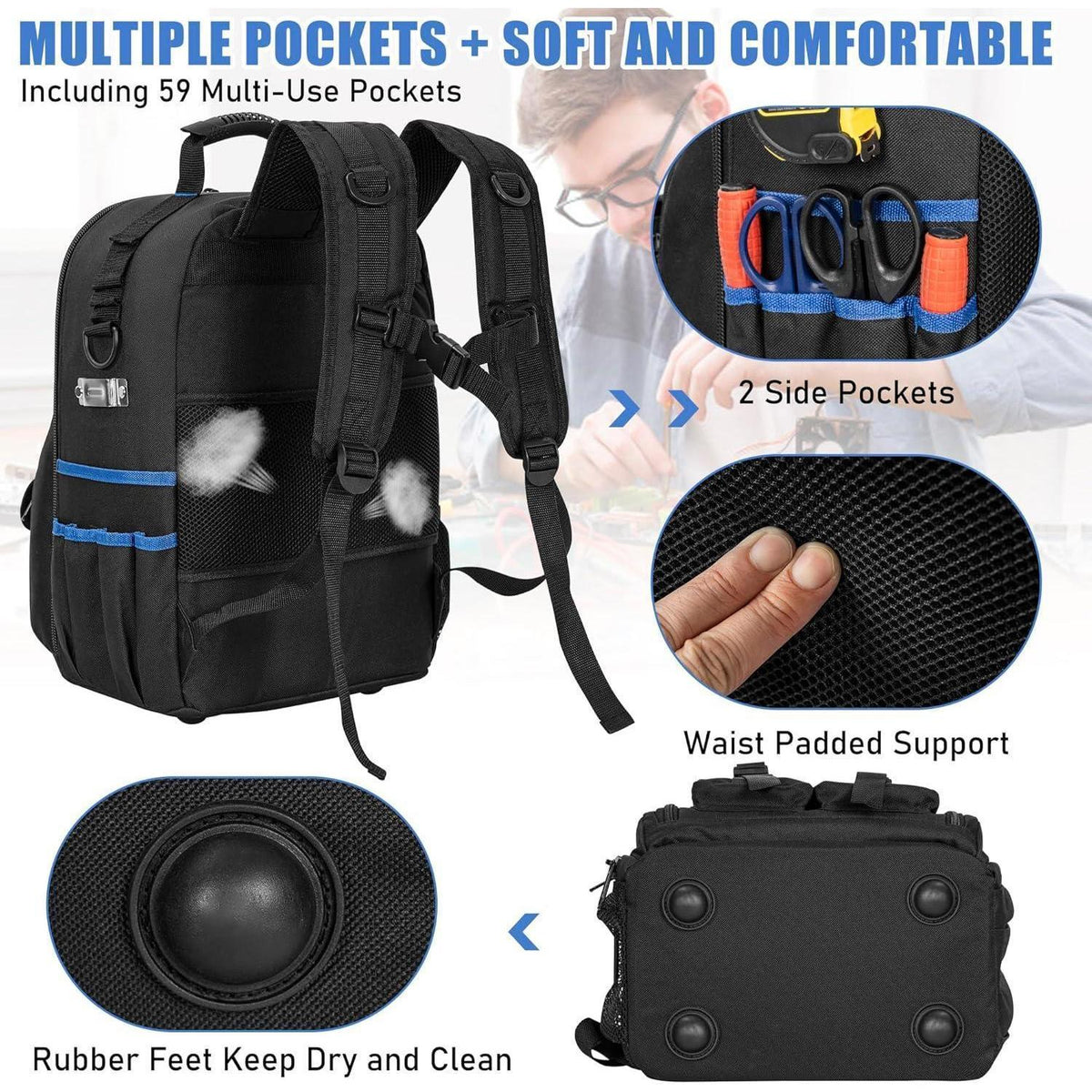 Werkzeugrucksack mit Organizer, wasserdicht, gepolstert, Schwarz/Blau