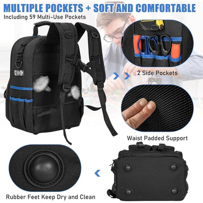 Werkzeugrucksack mit Organizer, wasserdicht, gepolstert, Schwarz/Blau